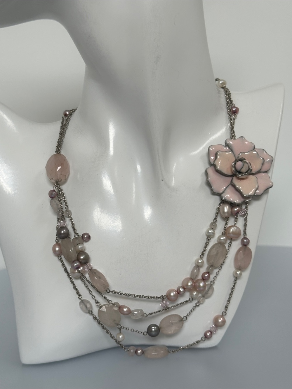Jade Pink Enamel Flower Pendant Real white and gray Pearls Necklace
